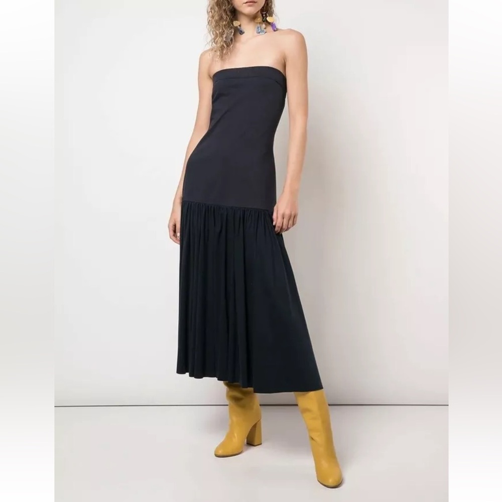 NWT $625.00 Tibi Punto Milano Strapless Navy Dress Sz.0